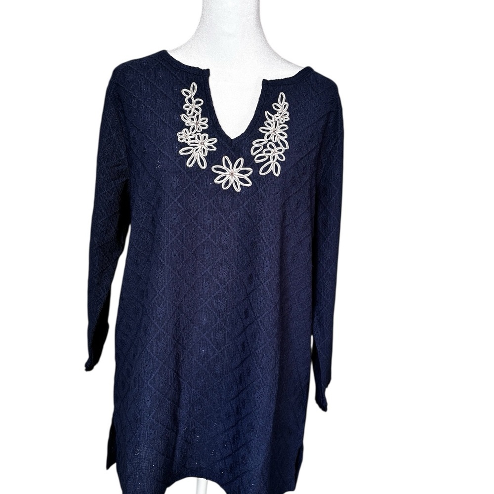 Isaac Mizrahi Navy Tunic with White Embroidery